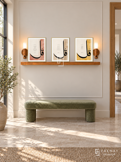FREMAT Three Quls shelf set with three 30 x 40 cm frames, 2 cm white borders, honey wood shelf and two warm sensor lamps. Morning contemporary neutral entry hall, ivory moulded wall, sage velvet bench, beige ceramic pedestal, pale stone floor, oak doorway right.