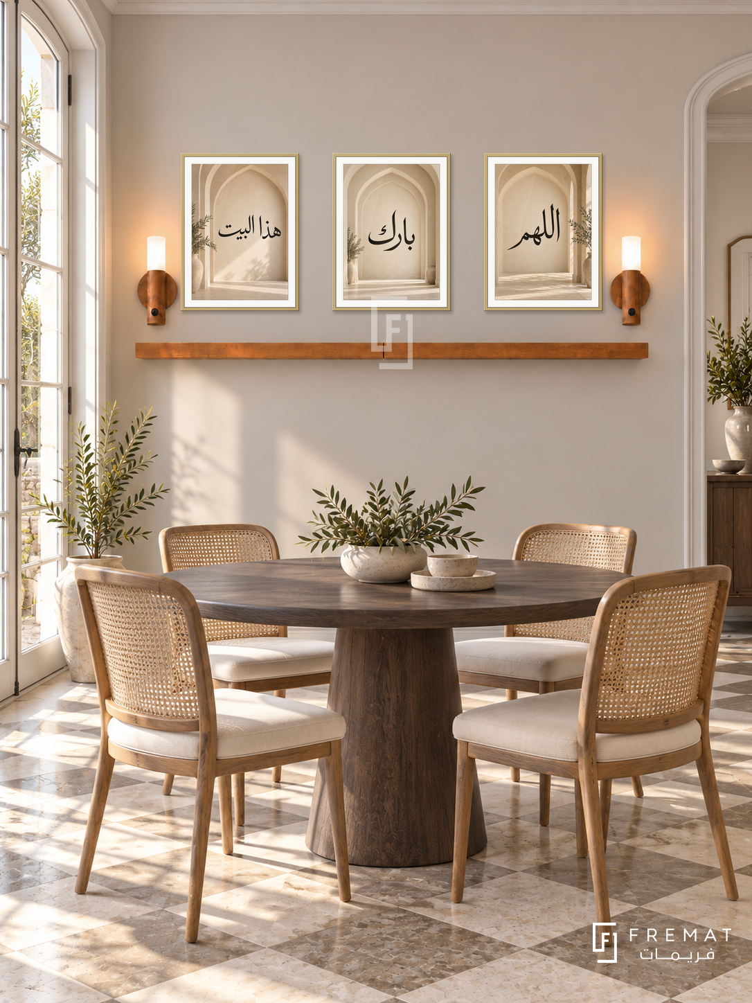 FREMAT Home Blessing shelf set with three 30 x 40 cm frames, 2 cm white borders, honey wood shelf and two warm sensor lamps. Morning airy transitional dining room, pale taupe wall, round dark oak pedestal table, four cream cane chairs, checkerboard stone floor, French window left.