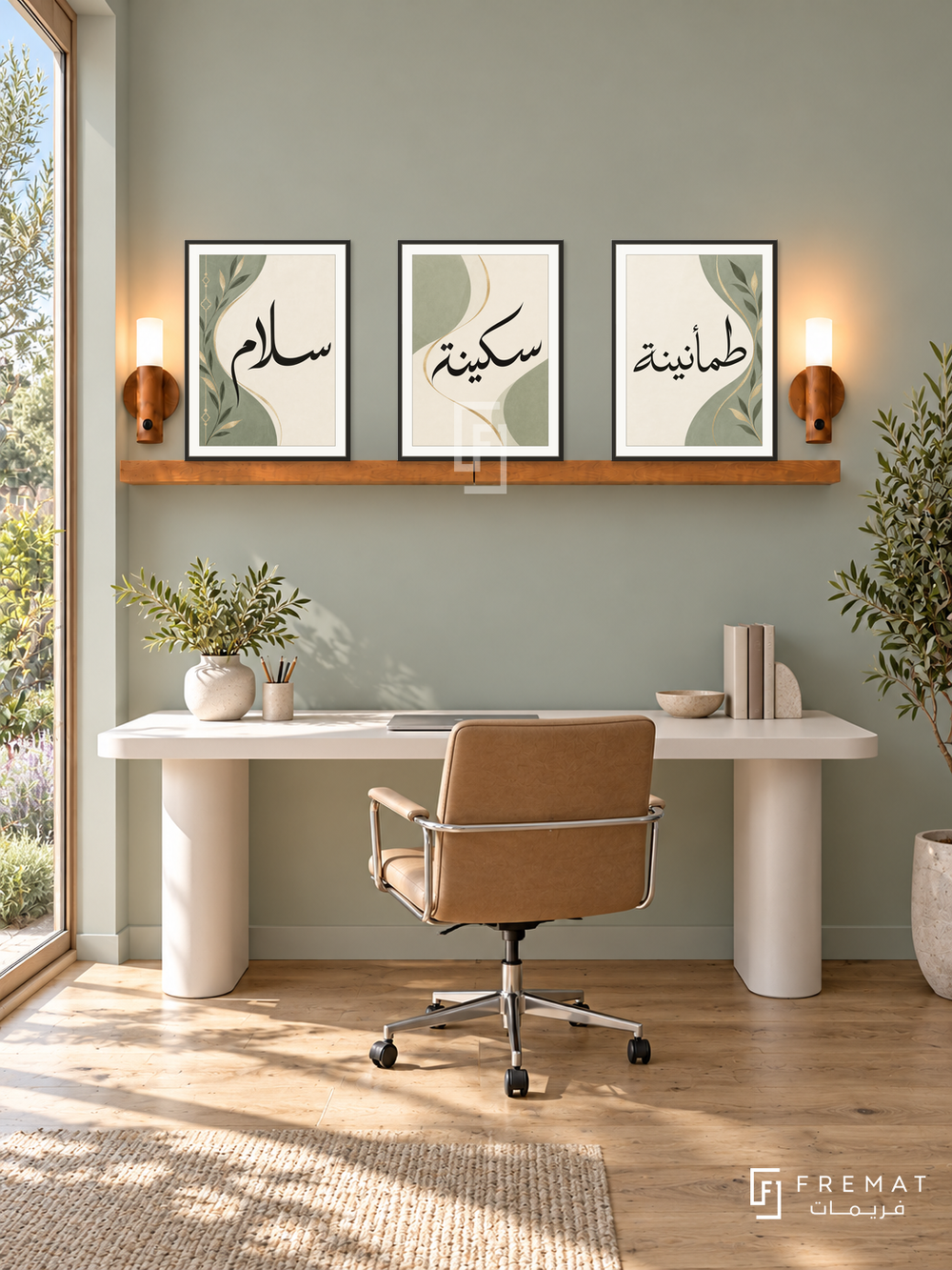 FREMAT Sage Ribbon shelf set with three 30 x 40 cm frames, 2 cm white borders, honey wood shelf and two warm sensor lamps. Morning Scandinavian home office, muted sage wall, sculptural white desk positioned BELOW shelf with no overlap, tan swivel chair, wide oak floorboards, garden window left, orderly elegant workspace.