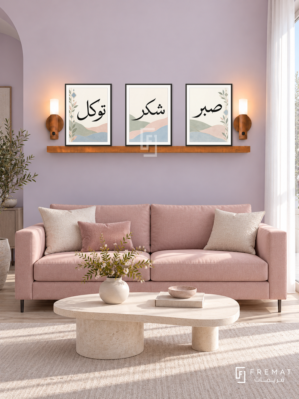 FREMAT Pastel Faith shelf set with three 30 x 40 cm frames, 2 cm white borders, honey wood shelf and two warm sensor lamps. Morning pastel modern living room, pale lilac wall, blush pink sofa with clean straight lines, asymmetrical ivory coffee table, light ash floor, white voile window right.
