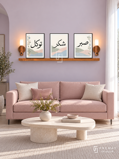 FREMAT Pastel Faith shelf set with three 30 x 40 cm frames, 2 cm white borders, honey wood shelf and two warm sensor lamps. Morning pastel modern living room, pale lilac wall, blush pink sofa with clean straight lines, asymmetrical ivory coffee table, light ash floor, white voile window right.