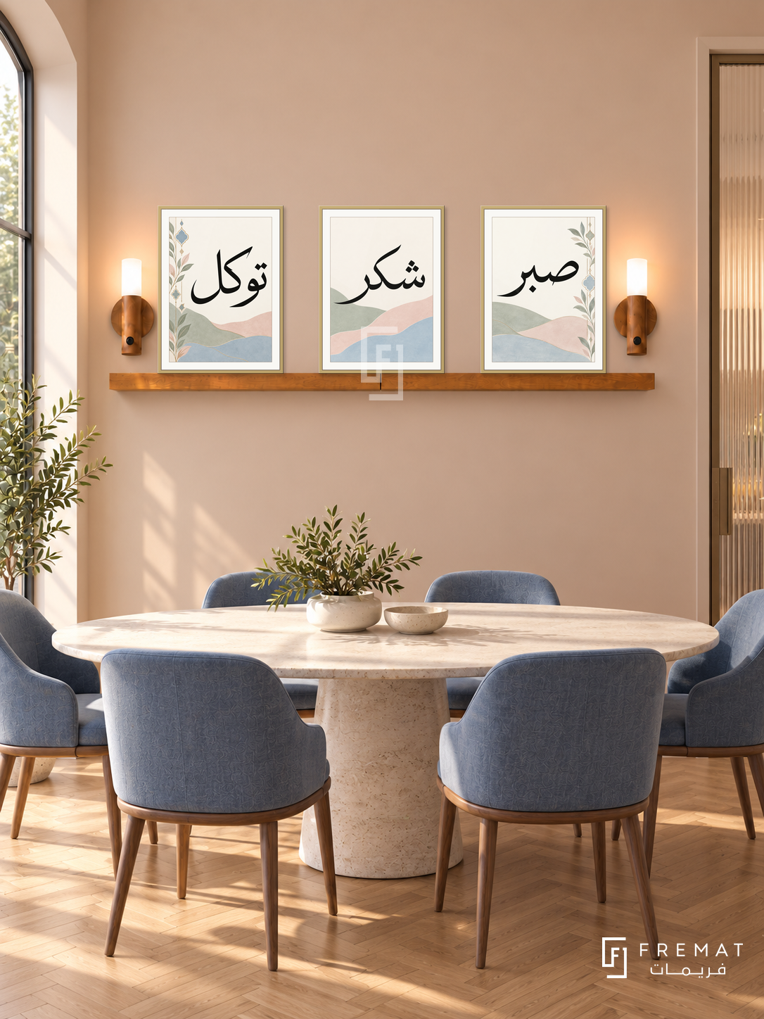FREMAT Pastel Faith shelf set with three 30 x 40 cm frames, 2 cm white borders, honey wood shelf and two warm sensor lamps. Morning contemporary cream dining room, muted peach wall, oval pale stone table, dusty blue chairs, warm herringbone floor, fluted glass door right.