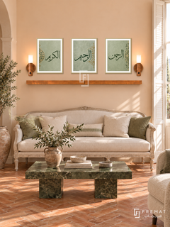 FREMAT Mercy Medallion shelf set with three 30 x 40 cm frames, 2 cm white borders, honey wood shelf and two warm sensor lamps. Morning Mediterranean formal sitting room, pale apricot wall, ivory carved wood settee, green stone coffee table, terracotta herringbone floor, tall shuttered window right.