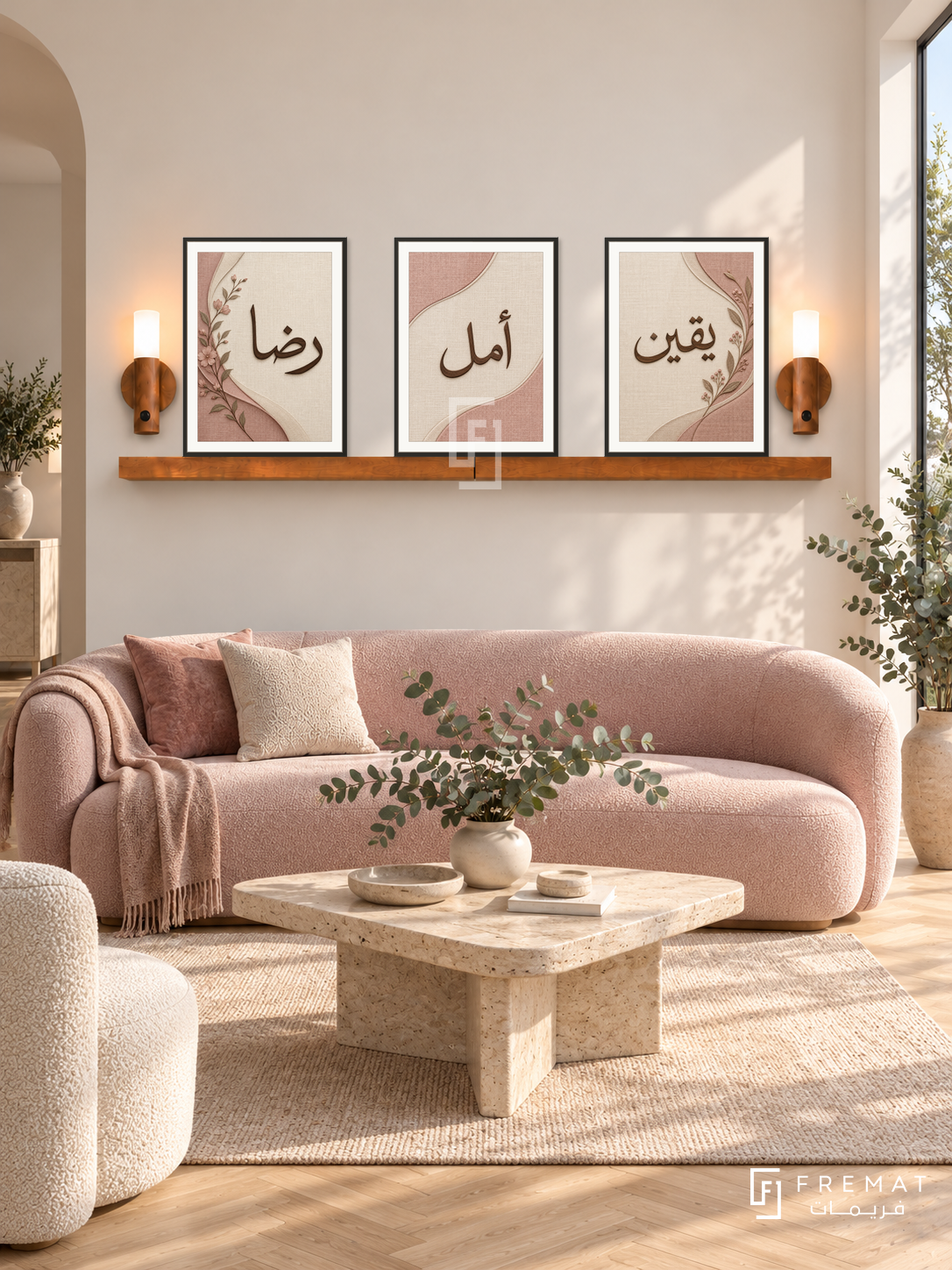 FREMAT Blush Linen shelf set with three 30 x 40 cm frames, 2 cm white borders, honey wood shelf and two warm sensor lamps. Morning modern soft rose reception, warm off-white wall, blush curved sofa, travertine triangular table, pale oak parquet, broad window right, eucalyptus arrangement.
