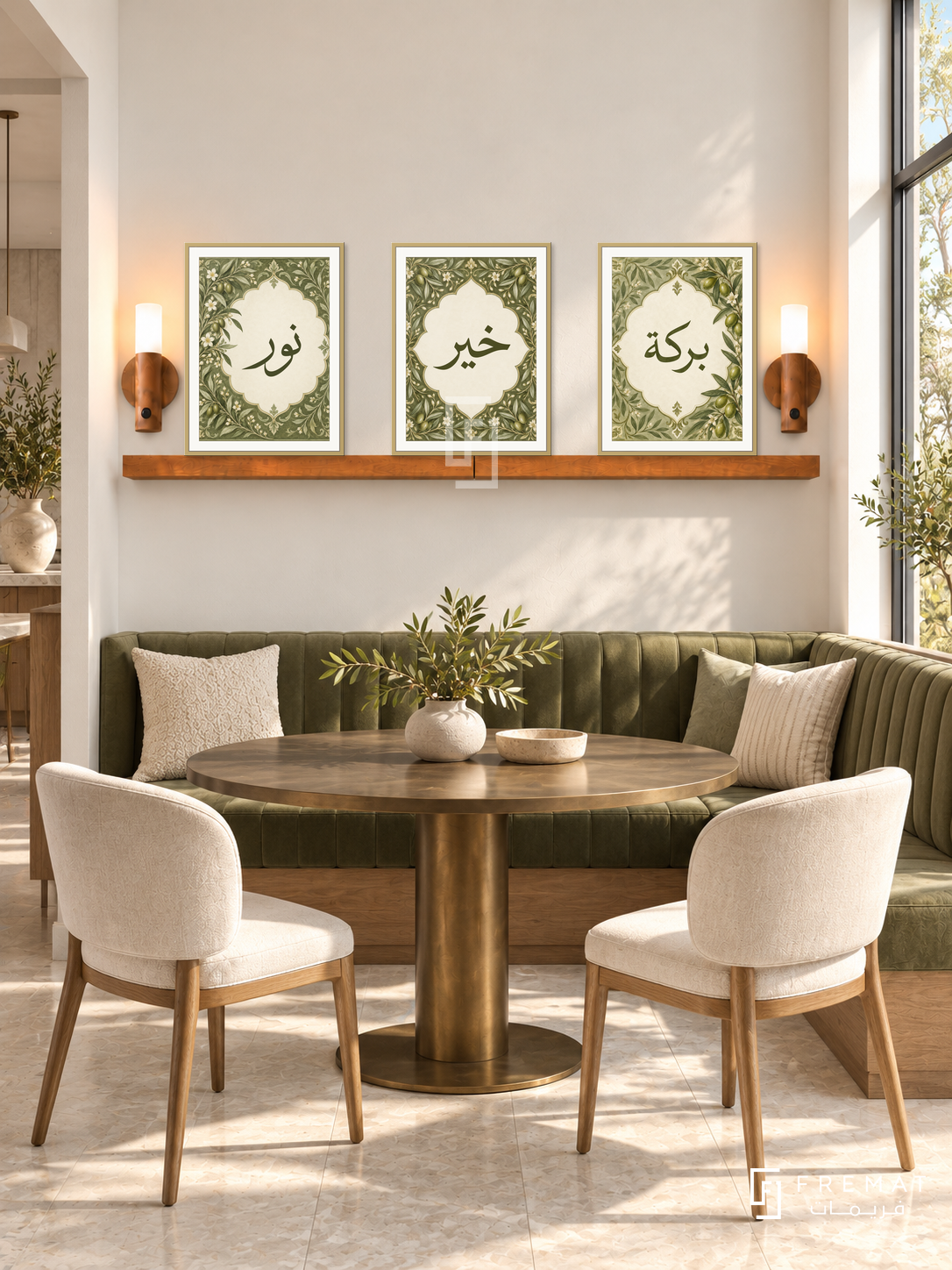FREMAT Olive Cartouche shelf set with three 30 x 40 cm frames, 2 cm white borders, honey wood shelf and two warm sensor lamps. Morning classic contemporary dining nook, ivory wall, olive velvet banquette, round bronze pedestal table, cream chairs, light stone flooring, tall window right.