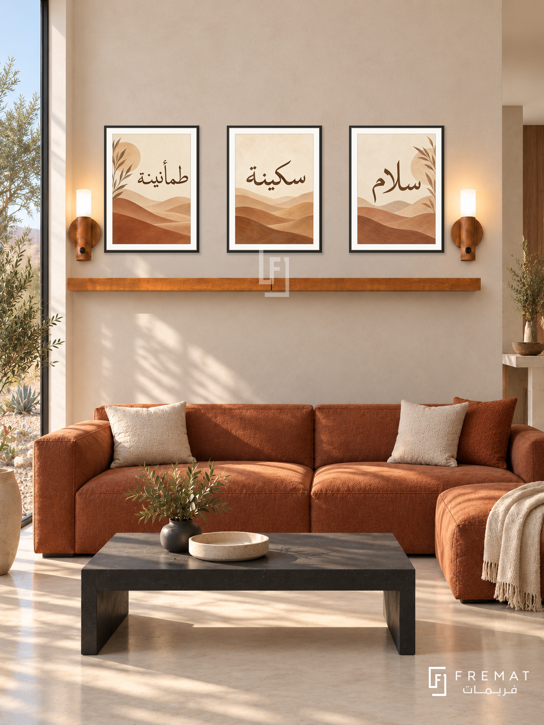 FREMAT Clay Dunes shelf set with three 30 x 40 cm frames, 2 cm white borders, honey wood shelf and two warm sensor lamps. Morning desert contemporary reception, pale sand plaster wall, rust modular sofa, black rectangular coffee table, cream microcement floor, tall narrow garden window left.