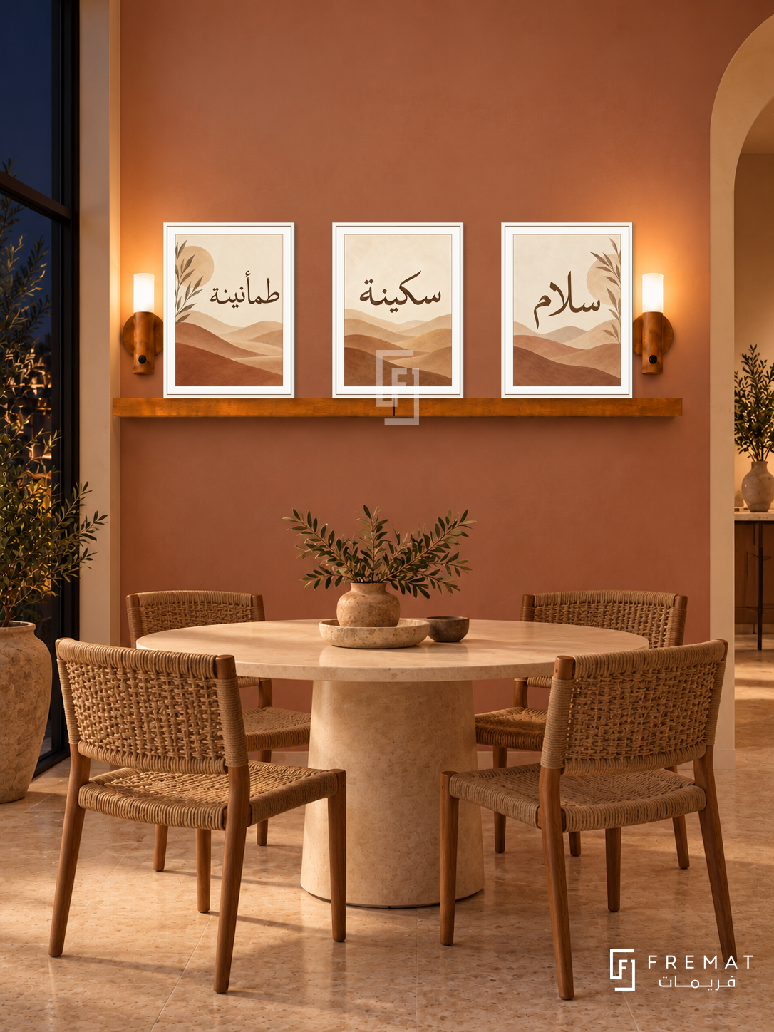 FREMAT Clay Dunes shelf set with three 30 x 40 cm frames, 2 cm white borders, honey wood shelf and two warm sensor lamps. Night modern terracotta dining corner, muted burnt peach wall, cream round table, tan woven chairs, limestone floor, curved opening right and dark window left.