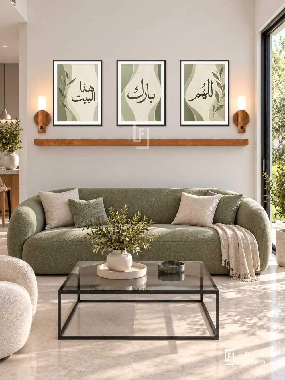 FREMAT Sage Home shelf set with three 30 x 40 cm frames, 2 cm white borders, honey wood shelf and two warm sensor lamps. Morning fresh modern family lounge, ivory wall, sage-green curved sofa, black glass square coffee table, pale limestone floor, sliding garden door right.
