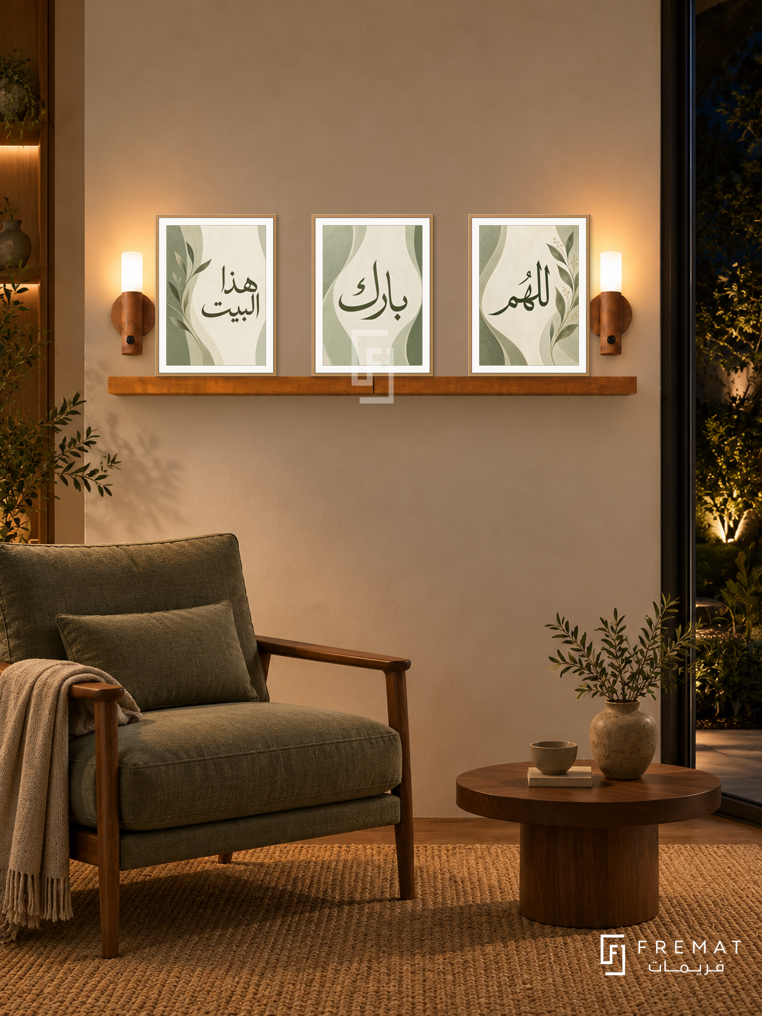 FREMAT Sage Home shelf set with three 30 x 40 cm frames, 2 cm white borders, honey wood shelf and two warm sensor lamps. Night Japandi home reading corner, cream plaster wall, sage linen armchair with wooden arms, low walnut round table, tan woven carpet, dark garden window right.