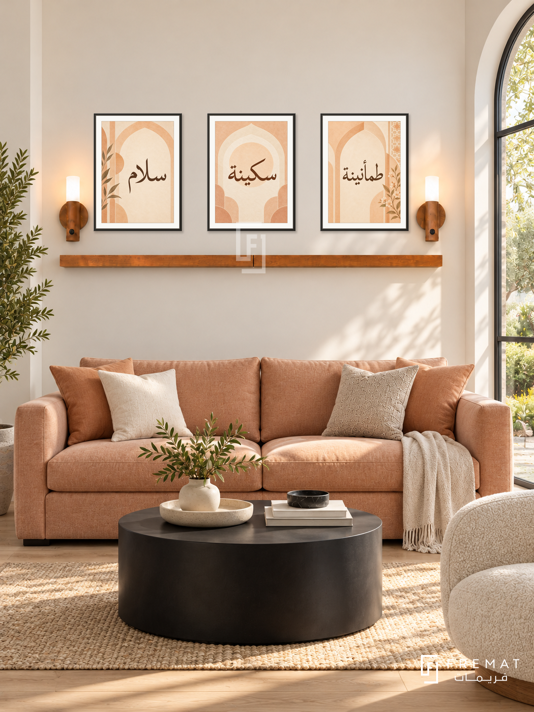 FREMAT Apricot Calm shelf set with three 30 x 40 cm black frames, 2 cm white borders, honey wood shelf and two warm sensor lamps. Morning cheerful contemporary living room, cream wall, apricot linen sofa, black cylindrical coffee table, light oak floor, arched garden window right.