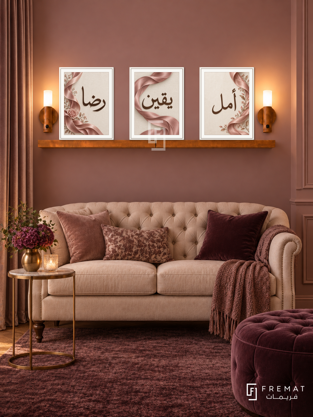 FREMAT Rose Ribbon shelf set with three 30 x 40 cm white frames, 2 cm white borders, honey wood shelf and two warm sensor lamps. Night romantic French bedroom sitting area with dusty rose wall, cream tufted loveseat, slender brass side table, plum rug and closed curtains to left.