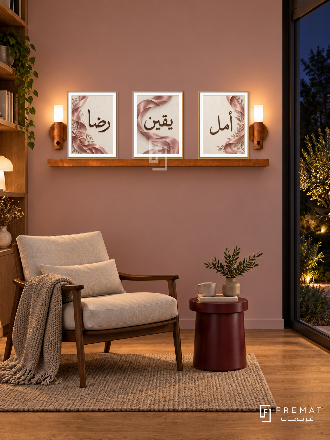 FREMAT Rose Ribbon shelf set with three 30 x 40 cm wooden texture frames, 2 cm white borders, honey wood shelf and two warm sensor lamps. Night Scandinavian family reading room, muted pink wall, walnut lounge chair with ivory cushion, burgundy round stool table, oak floor and dark garden window right.