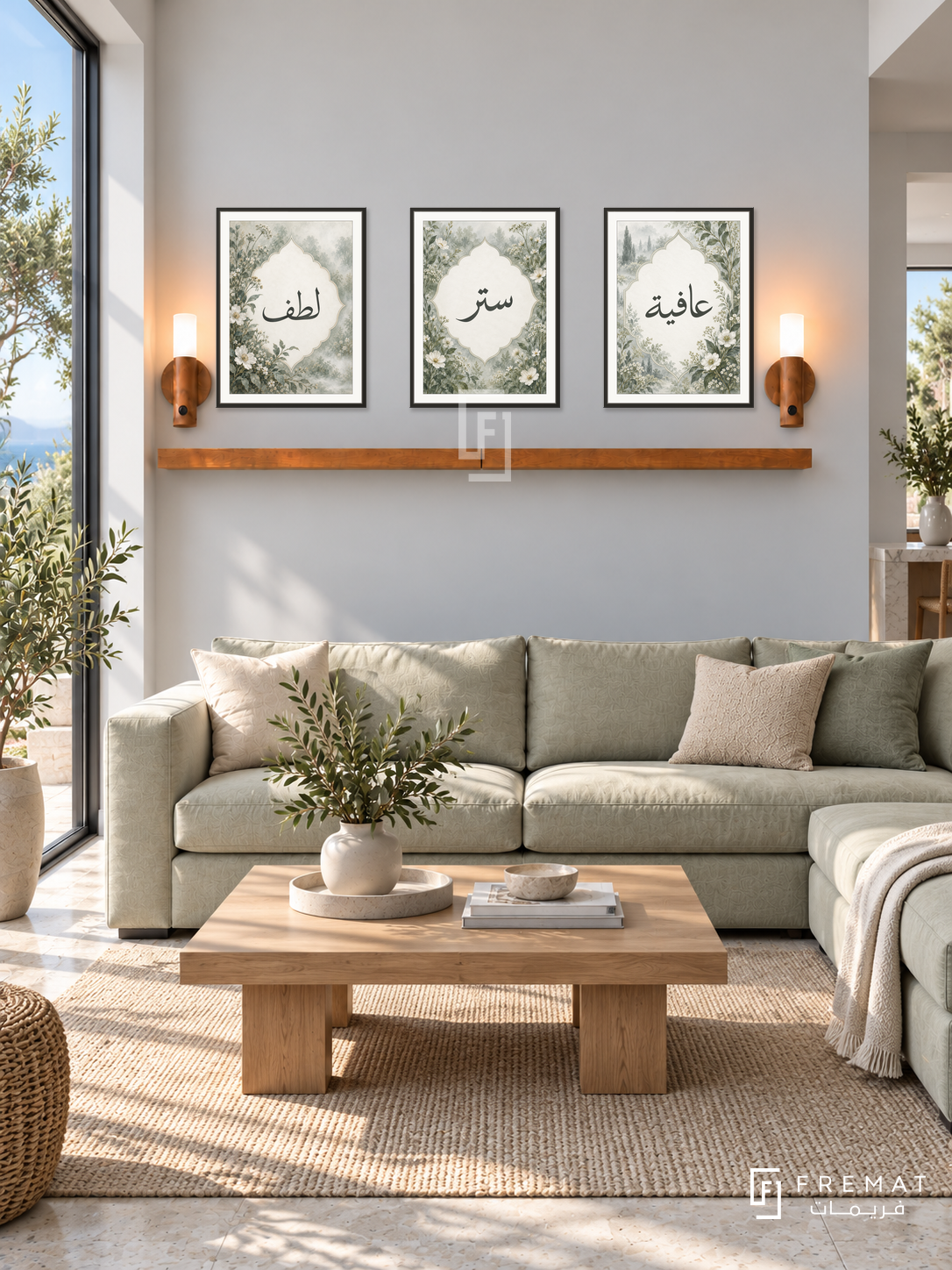 FREMAT Mist Garden shelf set with three 30 x 40 cm black frames, 2 cm white borders, honey wood shelf and two warm sensor lamps. Morning airy coastal living room, mist grey wall, pale sage sectional sofa, square oak coffee table, pale stone floor, garden glazing left.