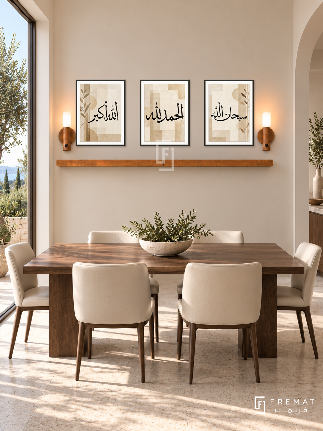 FREMAT Sand Remembrance shelf set with three 30 x 40 cm black frames, 2 cm white borders, honey wood shelf and two warm sensor lamps. Morning Mediterranean contemporary dining room, smooth sand wall, dark walnut table, cream leather chairs, pale limestone floor, large rectangular garden window left.