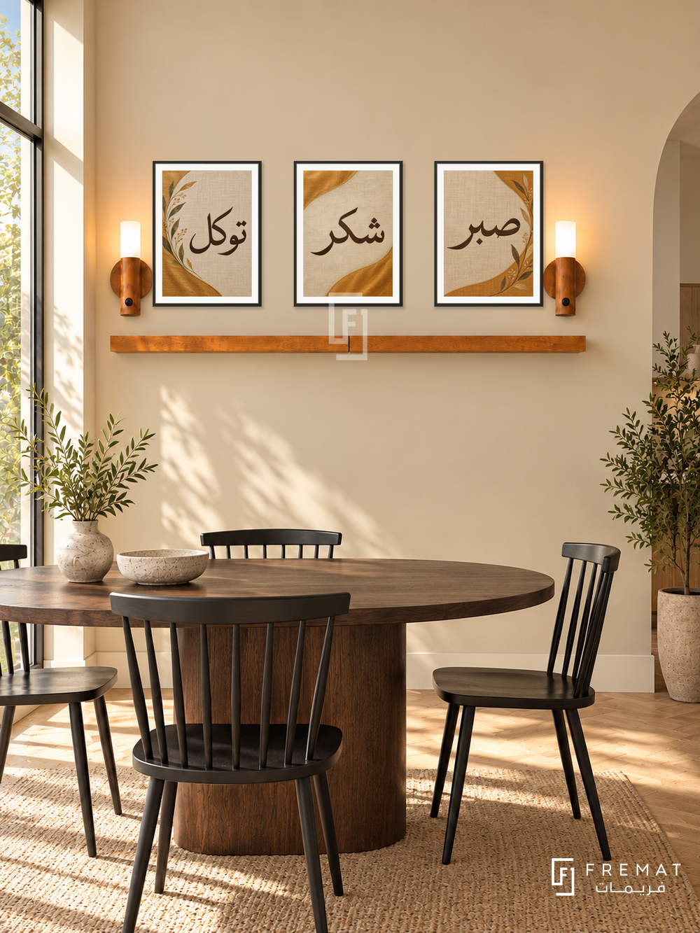 FREMAT Ochre Linen shelf set with three 30 x 40 cm black frames, 2 cm white borders, honey wood shelf and two warm sensor lamps. Morning modern ochre dining nook, pale straw wall, dark oak oval table, black spindle chairs, pale parquet, window left.