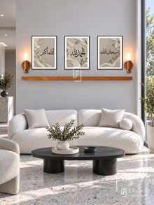FREMAT Dove Praise shelf set with three 30 x 40 cm black frames, 2 cm white borders, honey wood shelf and two warm sensor lamps. Morning modern monochrome reception, pale dove grey wall, sculptural white sofa, black oval coffee table, light grey terrazzo, tall garden window right.