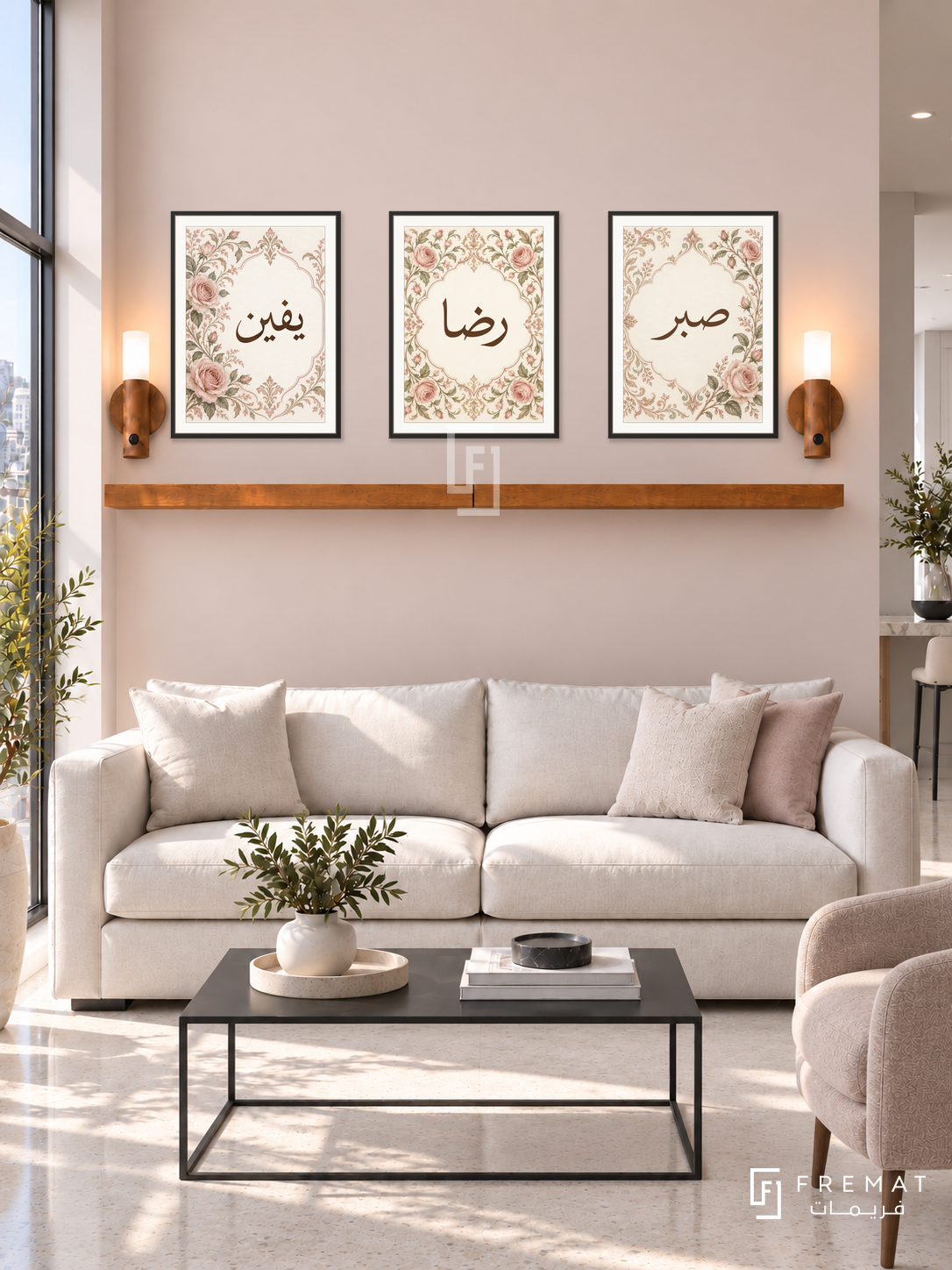 FREMAT Cream Rose shelf set with three 30 x 40 cm black frames, 2 cm white borders, honey wood shelf and two warm sensor lamps. Morning minimalist rose apartment, pale blush wall, ivory low sofa, black cube coffee table, pale limestone floor, bright balcony glazing left.
