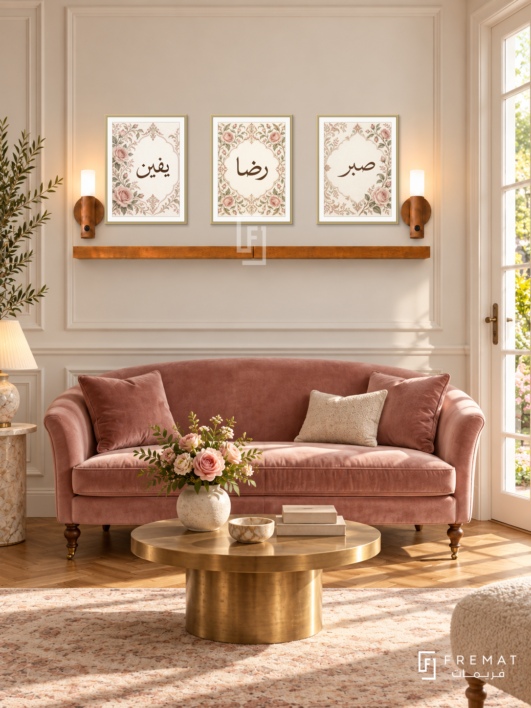 FREMAT Cream Rose shelf set with three 30 x 40 cm gold frames, 2 cm white borders, honey wood shelf and two warm sensor lamps. Morning romantic classic reception, light cream panelled wall, dusty rose velvet loveseat, round brass coffee table, herringbone parquet, garden door right.