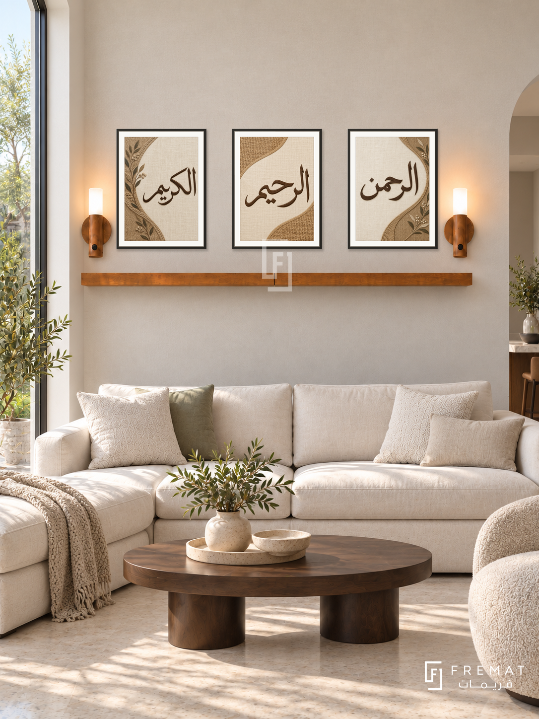 FREMAT Woven Mercy shelf set with three 30 x 40 cm black frames, 2 cm white borders, honey wood shelf and two warm sensor lamps. Morning organic modern lounge, oatmeal linen-textured wall, ivory sectional, dark brown oval coffee table, pale limestone floor, garden window left.