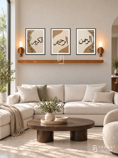FREMAT Woven Mercy shelf set with three 30 x 40 cm black frames, 2 cm white borders, honey wood shelf and two warm sensor lamps. Morning organic modern lounge, oatmeal linen-textured wall, ivory sectional, dark brown oval coffee table, pale limestone floor, garden window left.