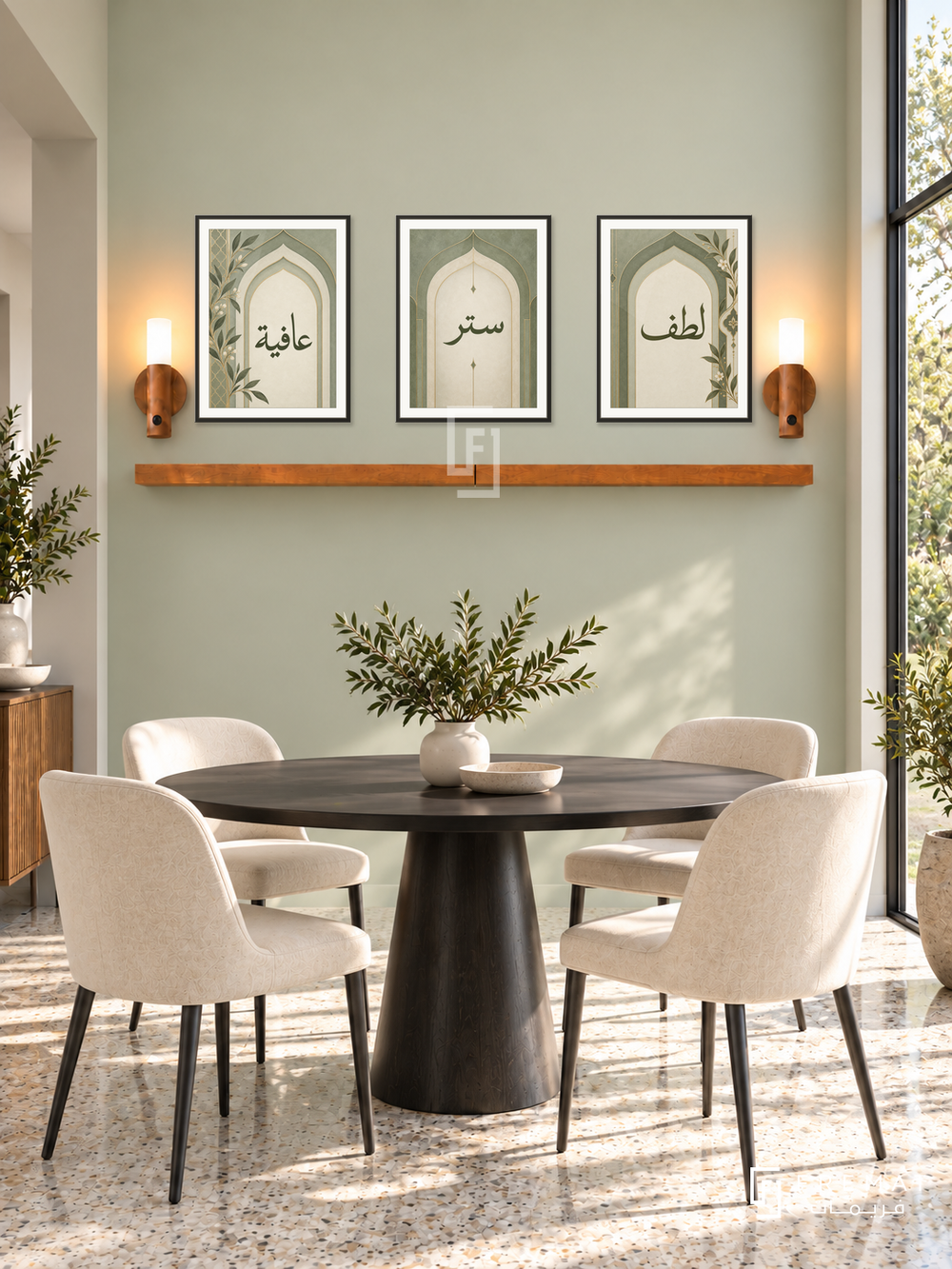FREMAT Sage Arches shelf set with three 30 x 40 cm black frames, 2 cm white borders, honey wood shelf and two warm sensor lamps. Morning contemporary sage dining space, very pale green wall, black round table, ivory chairs, terrazzo floor, rectangular garden window right.