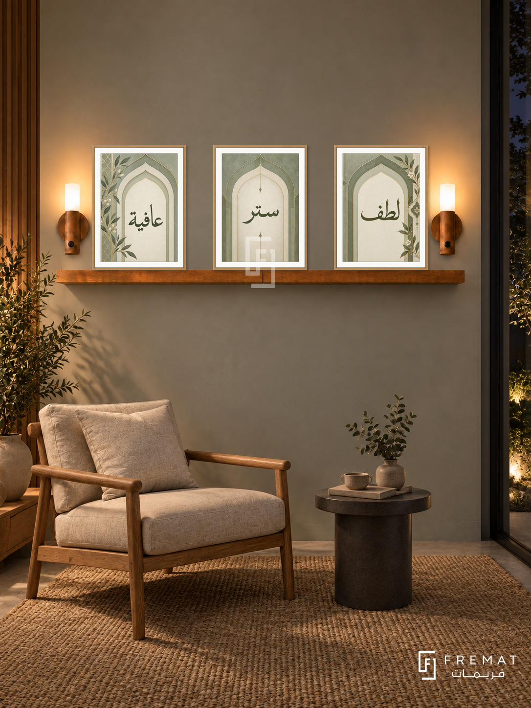 FREMAT Sage Arches shelf set with three 30 x 40 cm wooden texture frames, 2 cm white borders, honey wood shelf and two warm sensor lamps. Night Japandi reading corner, soft eucalyptus plaster wall, oak armchair with linen seat, charcoal round table, natural woven rug, dark garden glazing right.