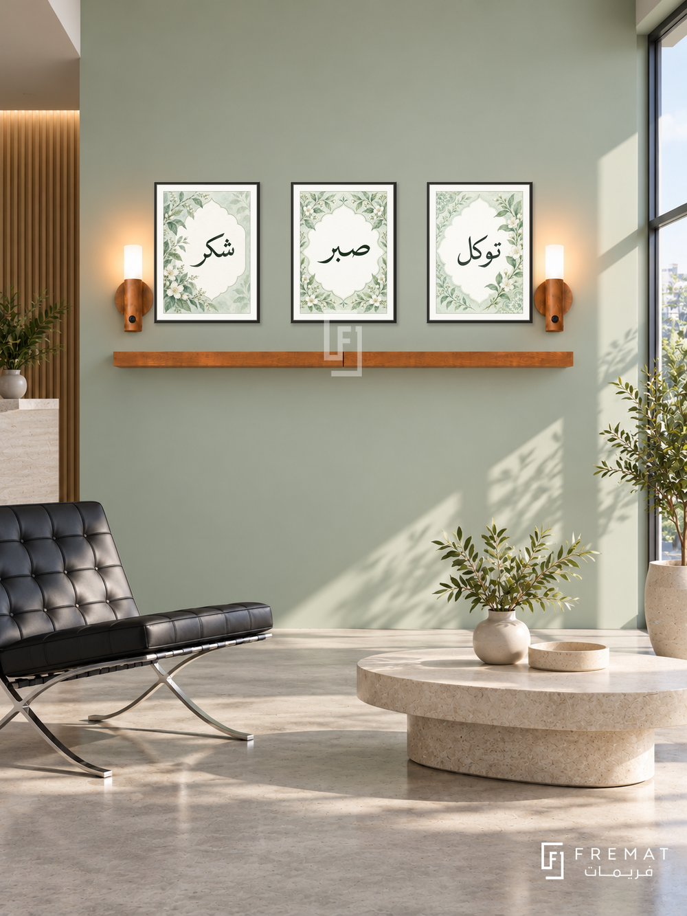 FREMAT Celadon Faith shelf set with three 30 x 40 cm black frames, 2 cm white borders, honey wood shelf and two warm sensor lamps. Morning contemporary celadon reception, pale green wall, black leather lounge chair with chrome legs, pale stone oval table, smooth concrete floor, window right.