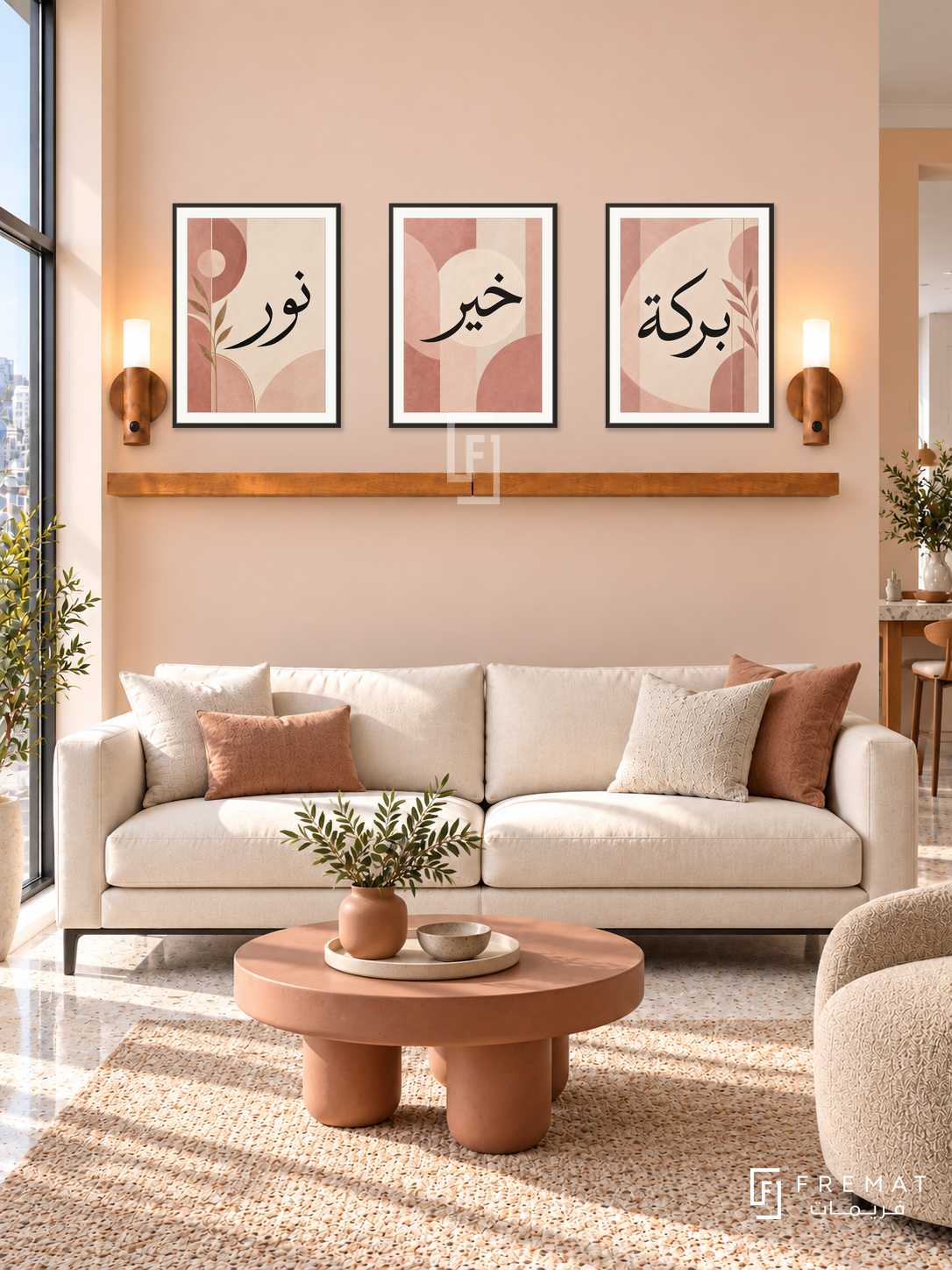 FREMAT Blush Geometry shelf set with three 30 x 40 cm black frames, 2 cm white borders, honey wood shelf and two warm sensor lamps. Morning geometric contemporary lounge, pale peach wall, black-legged ivory sofa, terracotta sculptural coffee table, pale terrazzo floor, window left.