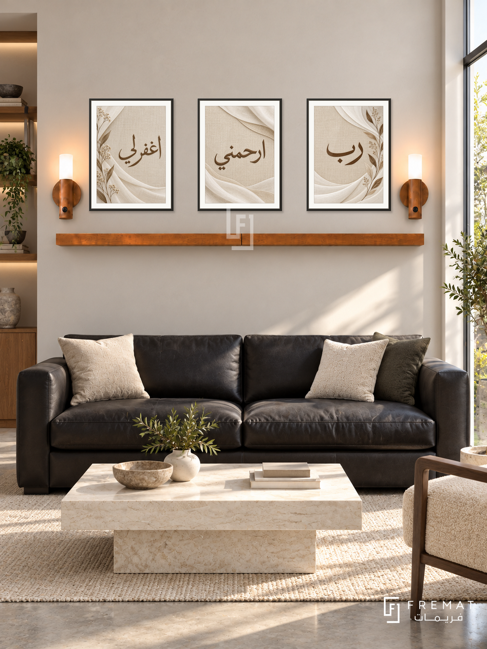 FREMAT Oatmeal Prayer shelf set with three 30 x 40 cm black frames, 2 cm white borders, honey wood shelf and two warm sensor lamps. Morning contemporary neutral study lounge, oatmeal wall, black leather sofa, ivory rectangular stone table, concrete floor, bright window right.