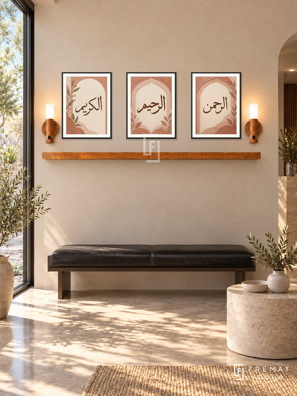 FREMAT Clay Mercy shelf set with three 30 x 40 cm black frames, 2 cm white borders, honey wood shelf and two warm sensor lamps. Morning modern desert reception, pale clay plaster wall, black leather bench, cream cylindrical stone table, warm concrete floor, large bright garden door left.