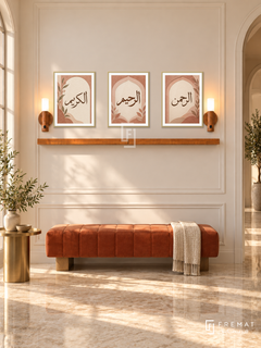 FREMAT Clay Mercy shelf set with three 30 x 40 cm gold frames, 2 cm white borders, honey wood shelf and two warm sensor lamps. Morning elegant warm entrance hall, ivory moulded wall, terracotta velvet bench, brass side table, beige marble floor, archway right.