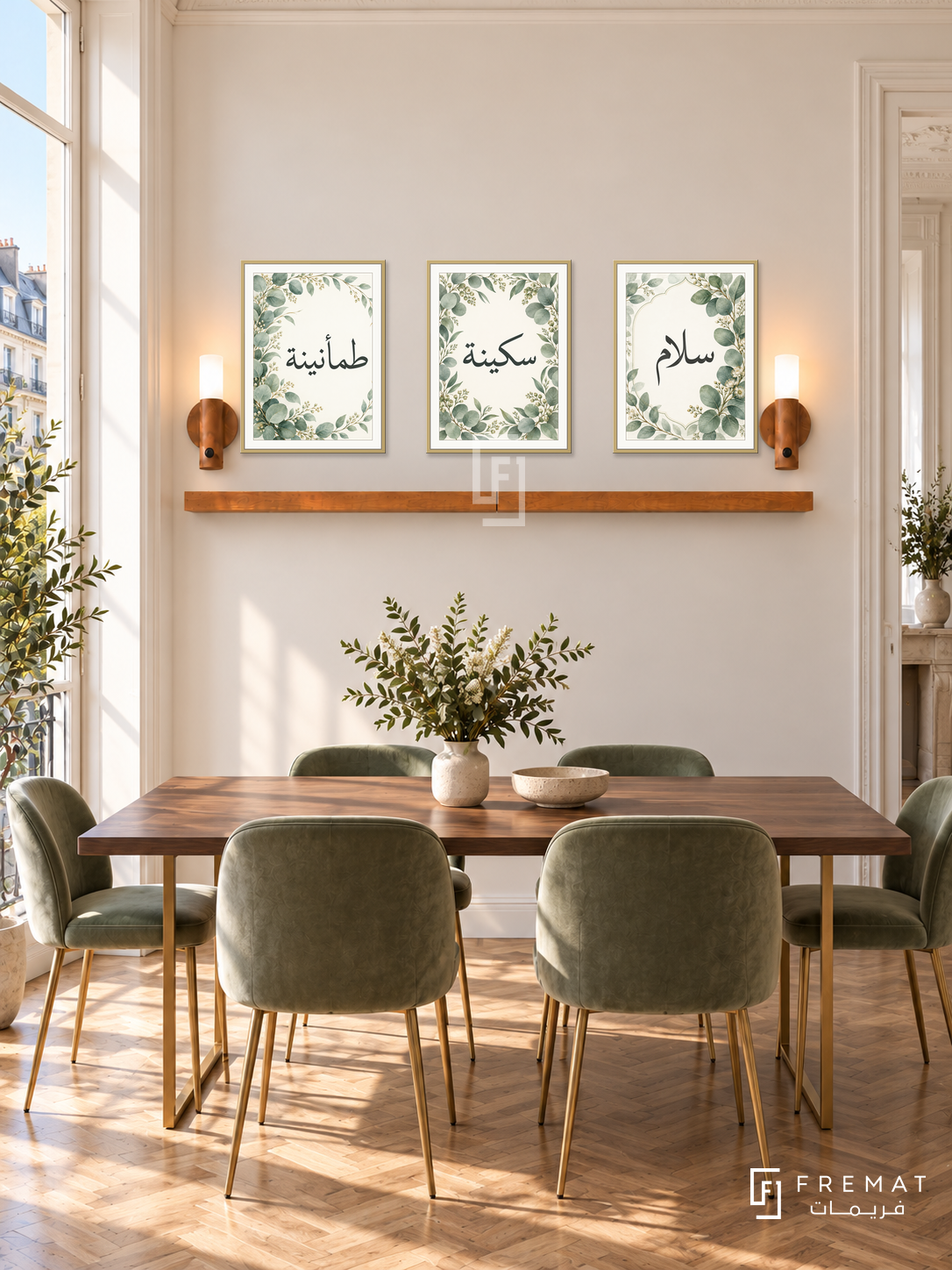 FREMAT Eucalyptus Calm shelf set with three 30 x 40 cm gold frames, 2 cm white borders, honey wood shelf and two warm sensor lamps. Morning airy Parisian dining room, soft ivory wall, sage velvet chairs at a rectangular dark walnut dining table, slim brass legs, herringbone parquet, tall sunny window left.