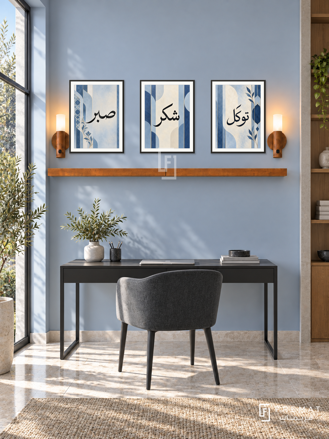 FREMAT Soft Cobalt shelf set with three 30 x 40 cm black frames, 2 cm white borders, honey wood shelf and two warm sensor lamps. Morning architectural blue study, mist blue wall, compact charcoal chair and black desk below shelf, pale stone floor, tall garden window left, modern restrained furnishings.