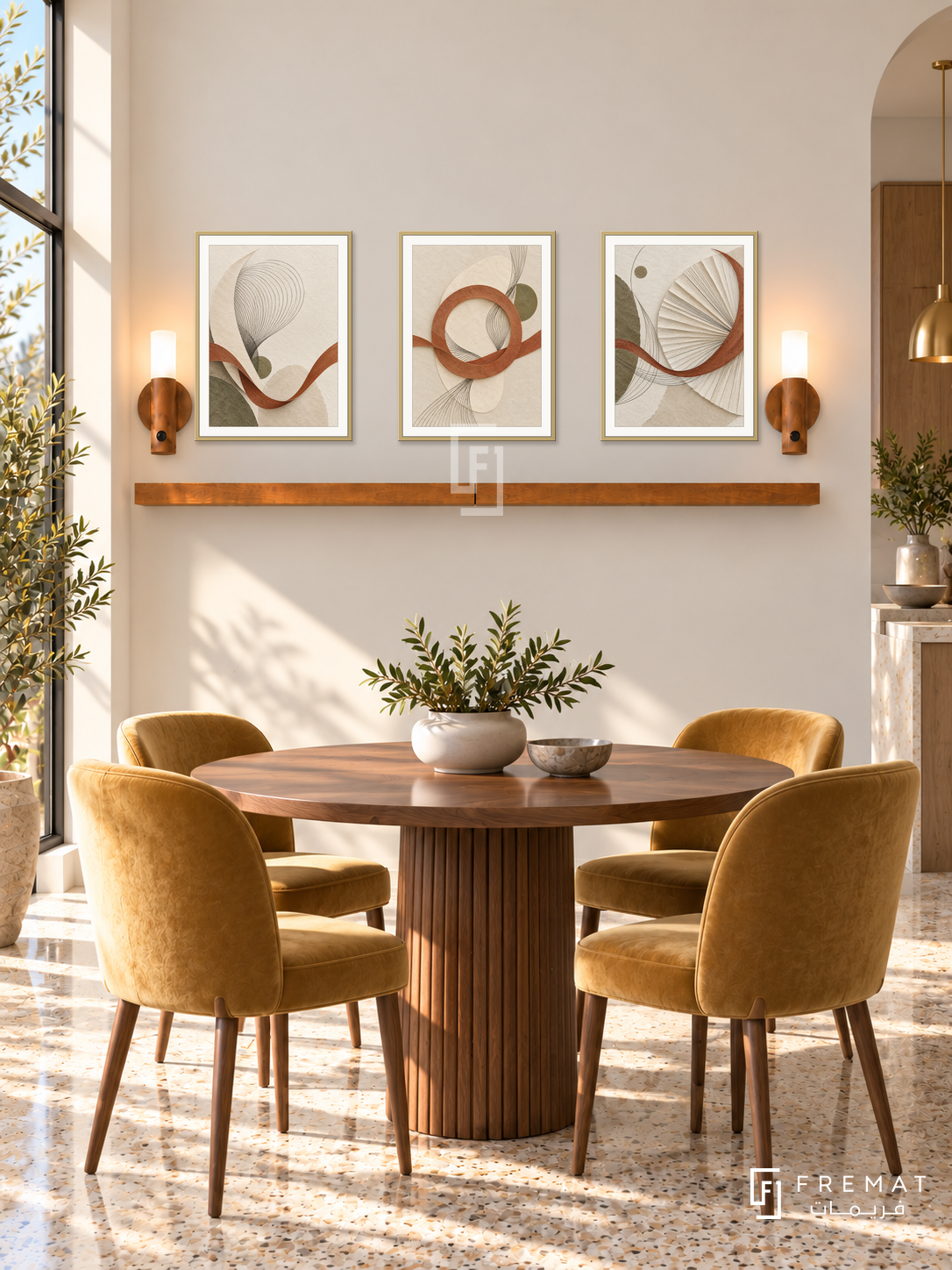 FREMAT Woven Light shelf set with three 30 x 40 cm gold frames, 2 cm white borders, honey wood shelf and two warm sensor lamps. Morning warm modern breakfast nook, ivory wall, walnut pedestal round table, honey velvet dining chairs, beige terrazzo floor, sunny window far left, subtle brass details.