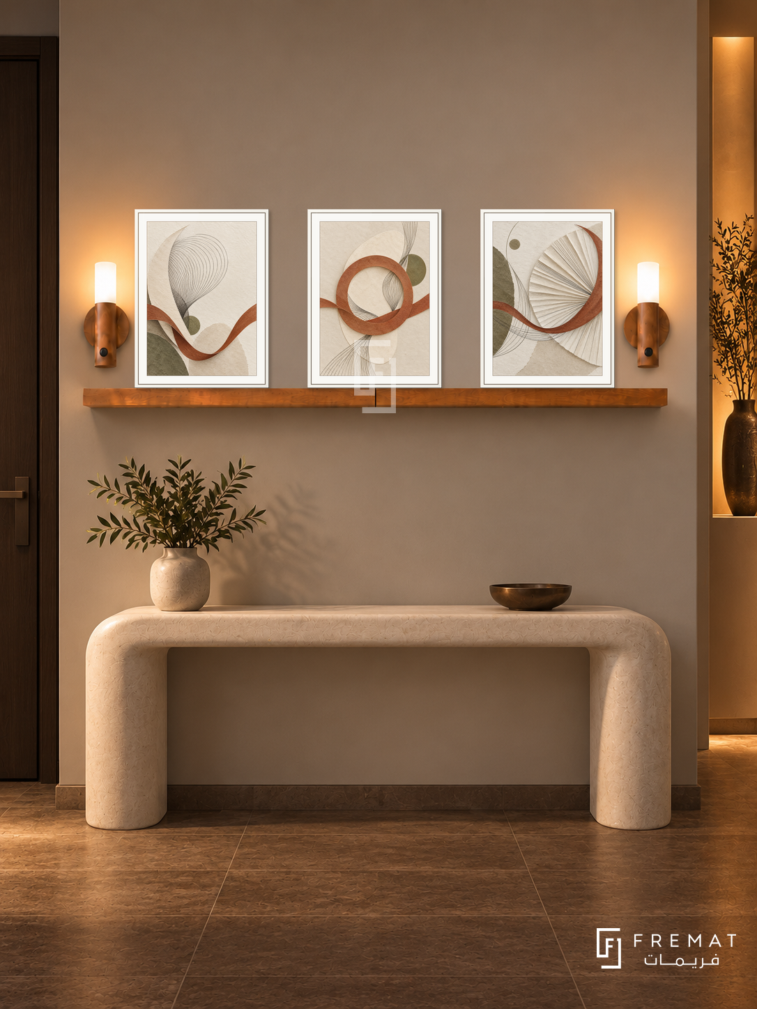 FREMAT Woven Light shelf set with three 30 x 40 cm white frames, 2 cm white borders, honey wood shelf and two warm sensor lamps. Night modern sculptural hallway, warm greige wall, rounded white stone console below shelf, small dark bronze bowl, cocoa tiled floor, dark door far left, narrow amber niche far right.