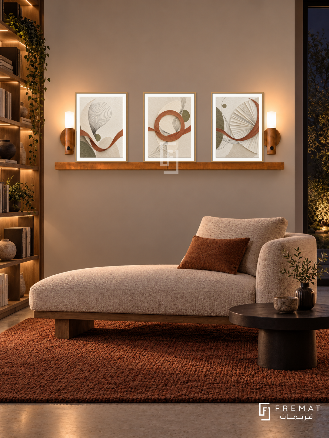 FREMAT Woven Light shelf set with three 30 x 40 cm wooden texture frames, 2 cm white borders, honey wood shelf and two warm sensor lamps. Night contemporary cosy library, pale taupe wall, oatmeal chaise with wooden base, low round black side table, rust wool rug, dark garden window far right, bookcase far left.