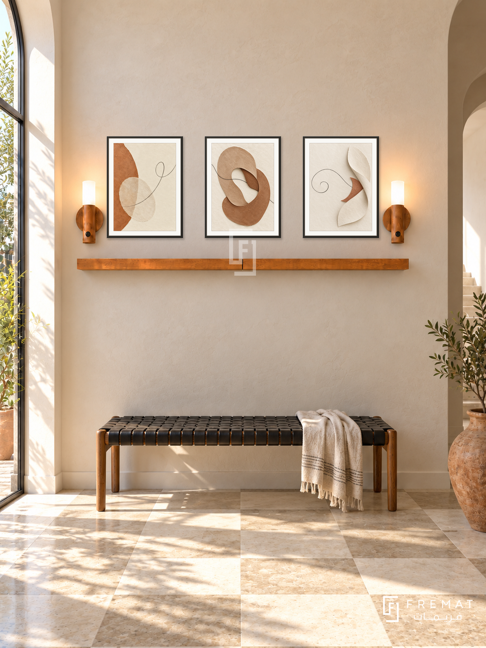 FREMAT Earth And Thread shelf set with three 30 x 40 cm black frames, 2 cm white borders, honey wood shelf and two warm sensor lamps. Morning Mediterranean modern foyer, sandy plaster wall, black woven leather bench, pale checkerboard limestone floor, terracotta pot far right, sunlit tall doorway far left.
