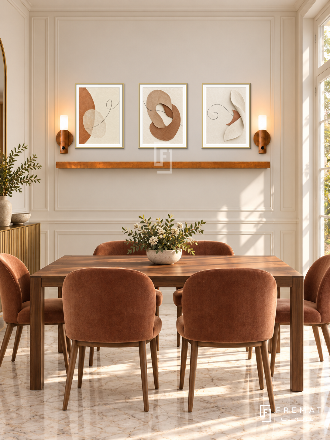 FREMAT Earth And Thread shelf set with three 30 x 40 cm gold frames, 2 cm white borders, honey wood shelf and two warm sensor lamps. Morning warm classic dining corner, ivory panelled wall, rectangular walnut table, muted cinnamon velvet chairs, pale marble floor, sunny doorway right, brass narrow sideboard far left.