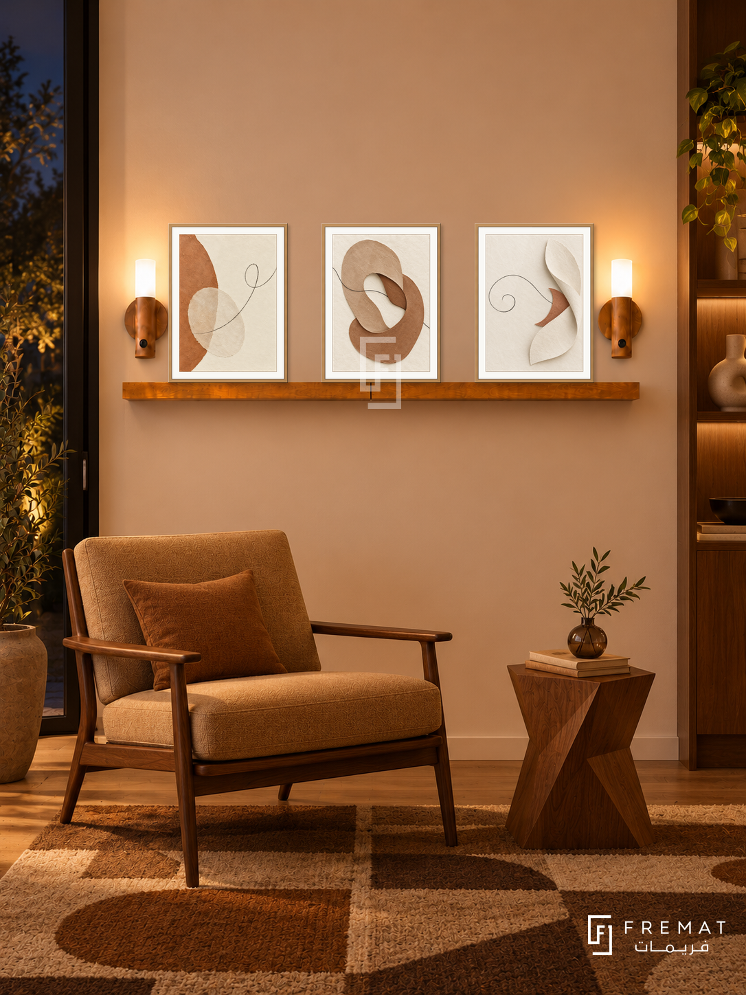 FREMAT Earth And Thread shelf set with three 30 x 40 cm wooden texture frames, 2 cm white borders, honey wood shelf and two warm sensor lamps. Night mid-century earth-tone reading nook, pale apricot wall, walnut framed lounge chair with camel upholstery, angular wood side table, geometric brown rug, dark glass doorway left.
