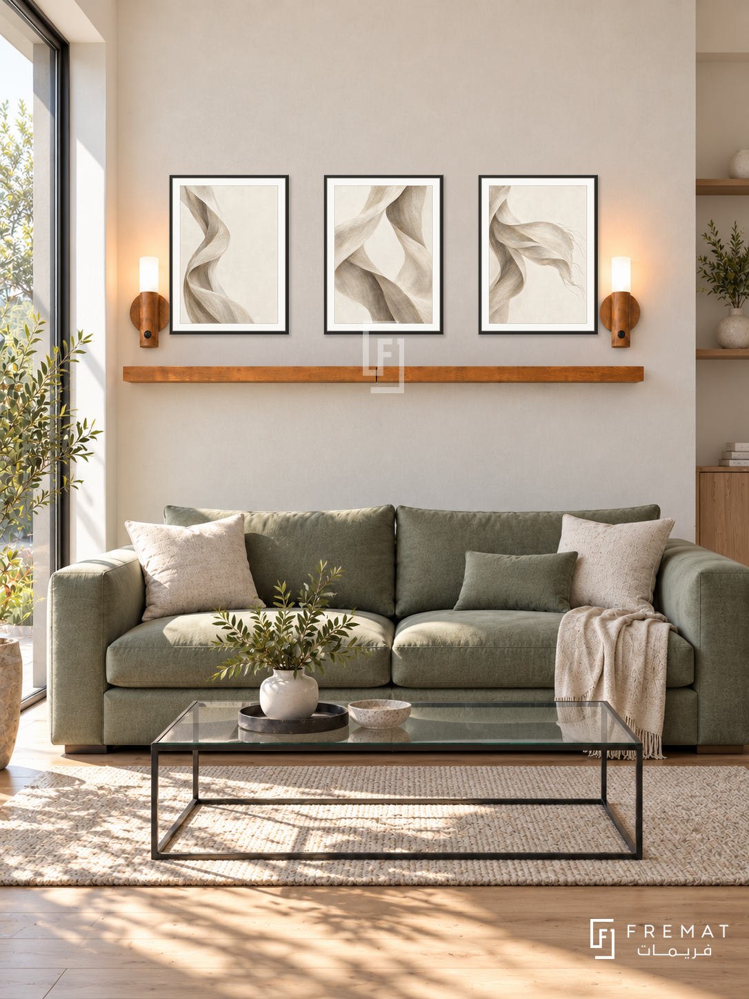 FREMAT Linen Wind shelf set with three 30 x 40 cm black frames, 2 cm white borders, honey wood shelf and two warm sensor lamps. Morning serene contemporary sitting room, ivory linen-textured wall, sage green low sofa, black metal and glass rectangular table, light oak floor, sunny sliding door left.