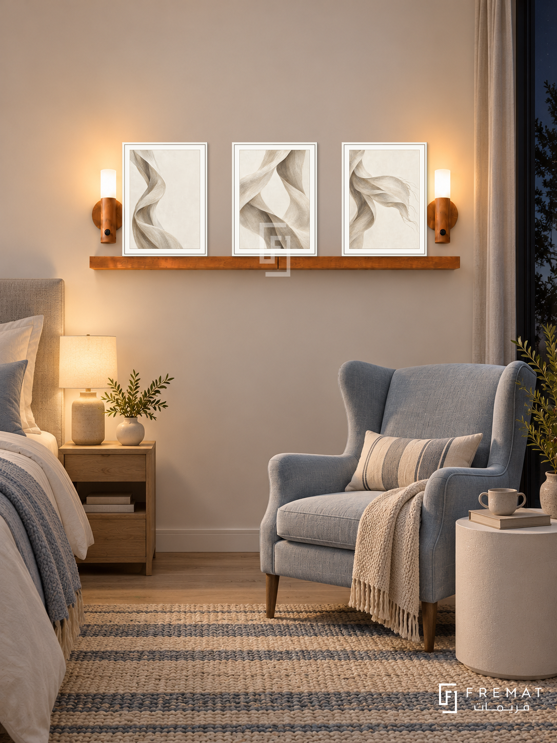 FREMAT Linen Wind shelf set with three 30 x 40 cm white frames, 2 cm white borders, honey wood shelf and two warm sensor lamps. Night modern coastal bedroom corner, warm off-white wall, pale blue wingback reading chair, white drum side table, striped wool rug, dark window right and bed edge left.