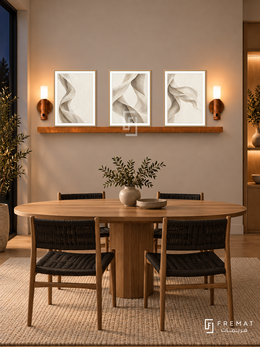 FREMAT Linen Wind shelf set with three 30 x 40 cm wooden texture frames, 2 cm white borders, honey wood shelf and two warm sensor lamps. Night minimalist Scandinavian dining room, putty wall, oval oak dining table and woven black cord chairs, muted cream rug, dark window left, discreet amber niche far right.