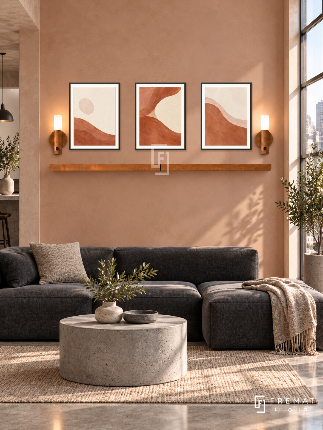 FREMAT Clay Tide shelf set with three 30 x 40 cm black frames, 2 cm white borders, honey wood shelf and two warm sensor lamps. Morning urban loft living room, pale terracotta plaster wall, low charcoal modular sofa, cylindrical grey concrete table, polished concrete floor, tall bright steel window right.