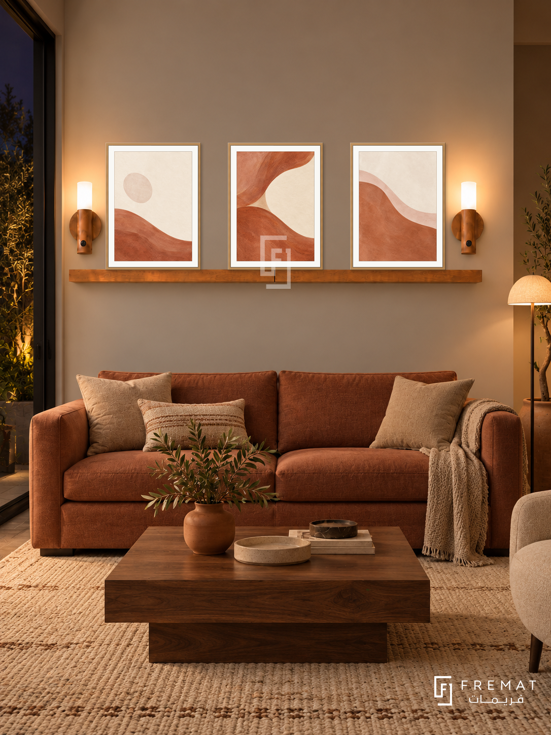 FREMAT Clay Tide shelf set with three 30 x 40 cm wooden texture frames, 2 cm white borders, honey wood shelf and two warm sensor lamps. Night modern earth-tone lounge, taupe wall, terracotta linen two-seat sofa, chunky walnut square coffee table, cream kilim rug, dark garden door left and warm reading light far right.