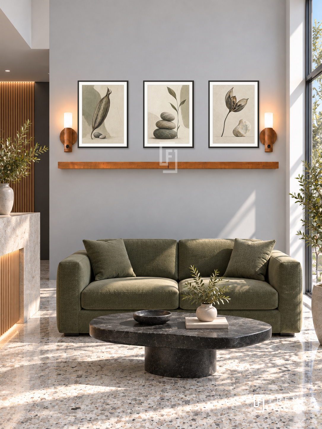 FREMAT Seed And Stone shelf set with three 30 x 40 cm black frames, 2 cm white borders, honey wood shelf and two warm sensor lamps. Morning modern stone-inspired reception, pale grey microcement wall, moss-green two-seat sofa, low black basalt coffee table, terrazzo floor, sunny window right, minimal architectural forms.