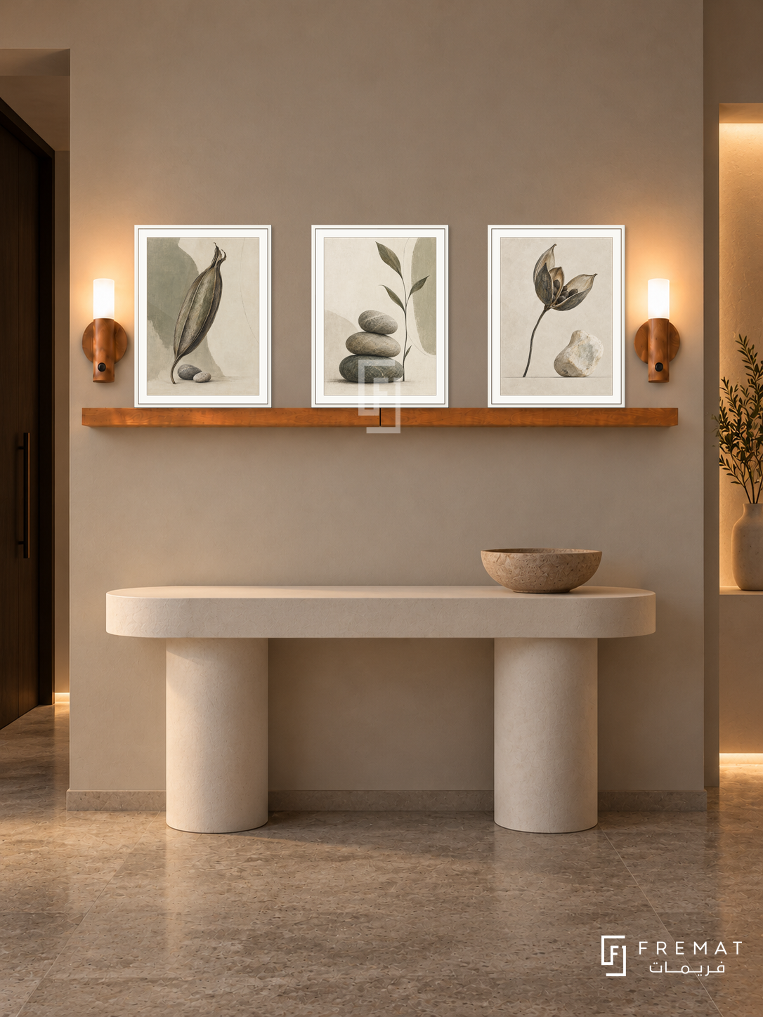 FREMAT Seed And Stone shelf set with three 30 x 40 cm white frames, 2 cm white borders, honey wood shelf and two warm sensor lamps. Night warm minimalist corridor, greige plaster wall, white sculptural console with a single clay bowl, grey limestone floor, dark doorway left, warm recessed niche right.