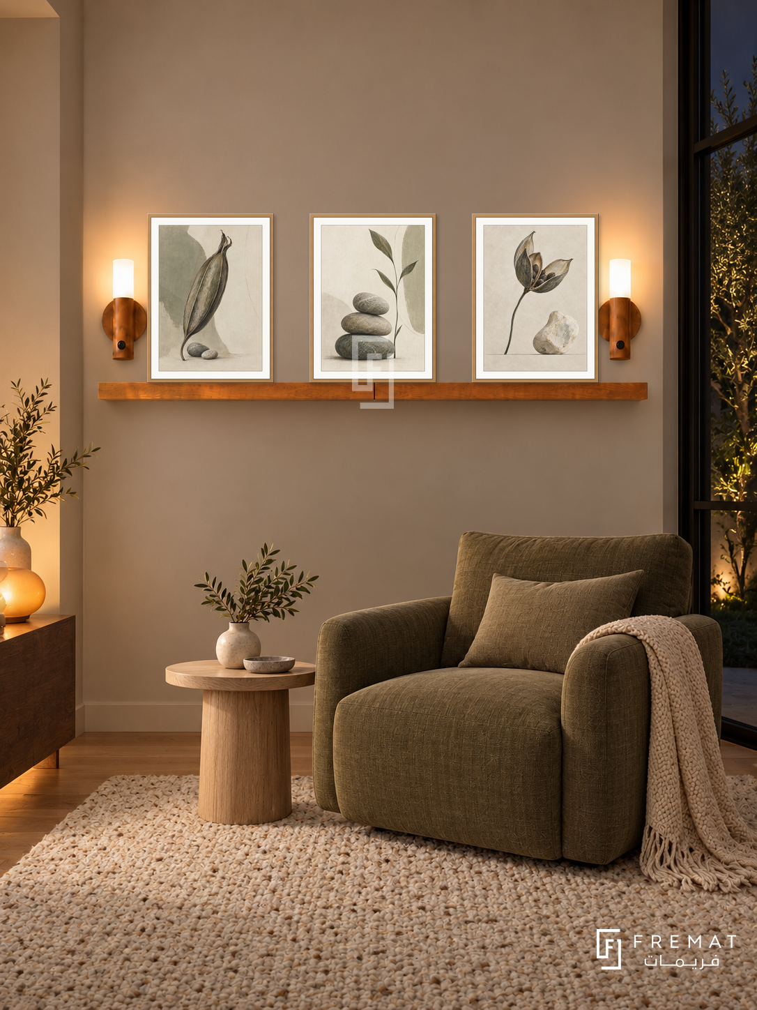 FREMAT Seed And Stone shelf set with three 30 x 40 cm wooden texture frames, 2 cm white borders, honey wood shelf and two warm sensor lamps. Night contemporary organic reading alcove, taupe wall, olive linen armchair, round pale oak side table, flecked cream wool rug, dark courtyard window right, low amber lamp far left.