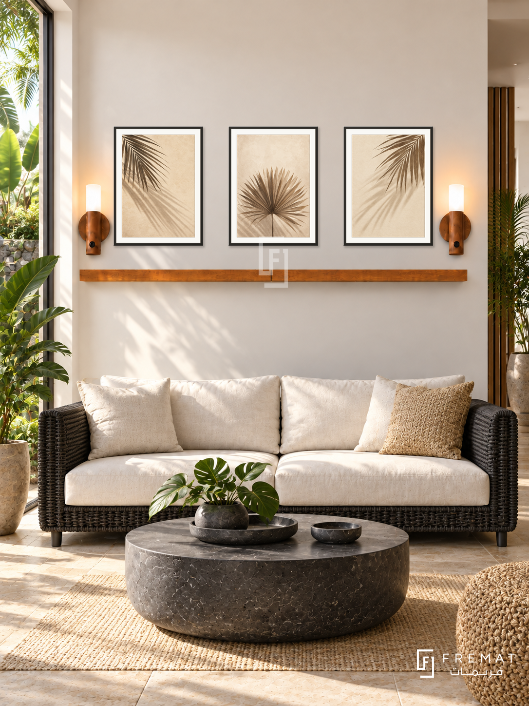 FREMAT Palm Shadow Study shelf set with three 30 x 40 cm black frames, 2 cm white borders, honey wood shelf and two warm sensor lamps. Morning tropical modern lounge, pale ivory wall, black woven rattan sofa with cream cushions, round dark stone coffee table, sandy tile floor, lush garden window left.