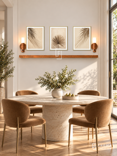 FREMAT Palm Shadow Study shelf set with three 30 x 40 cm gold frames, 2 cm white borders, honey wood shelf and two warm sensor lamps. Morning refined botanical dining corner, warm white moulded wall, oval cream stone table, tan velvet chairs, brushed brass details, oak parquet, sunny garden door right.