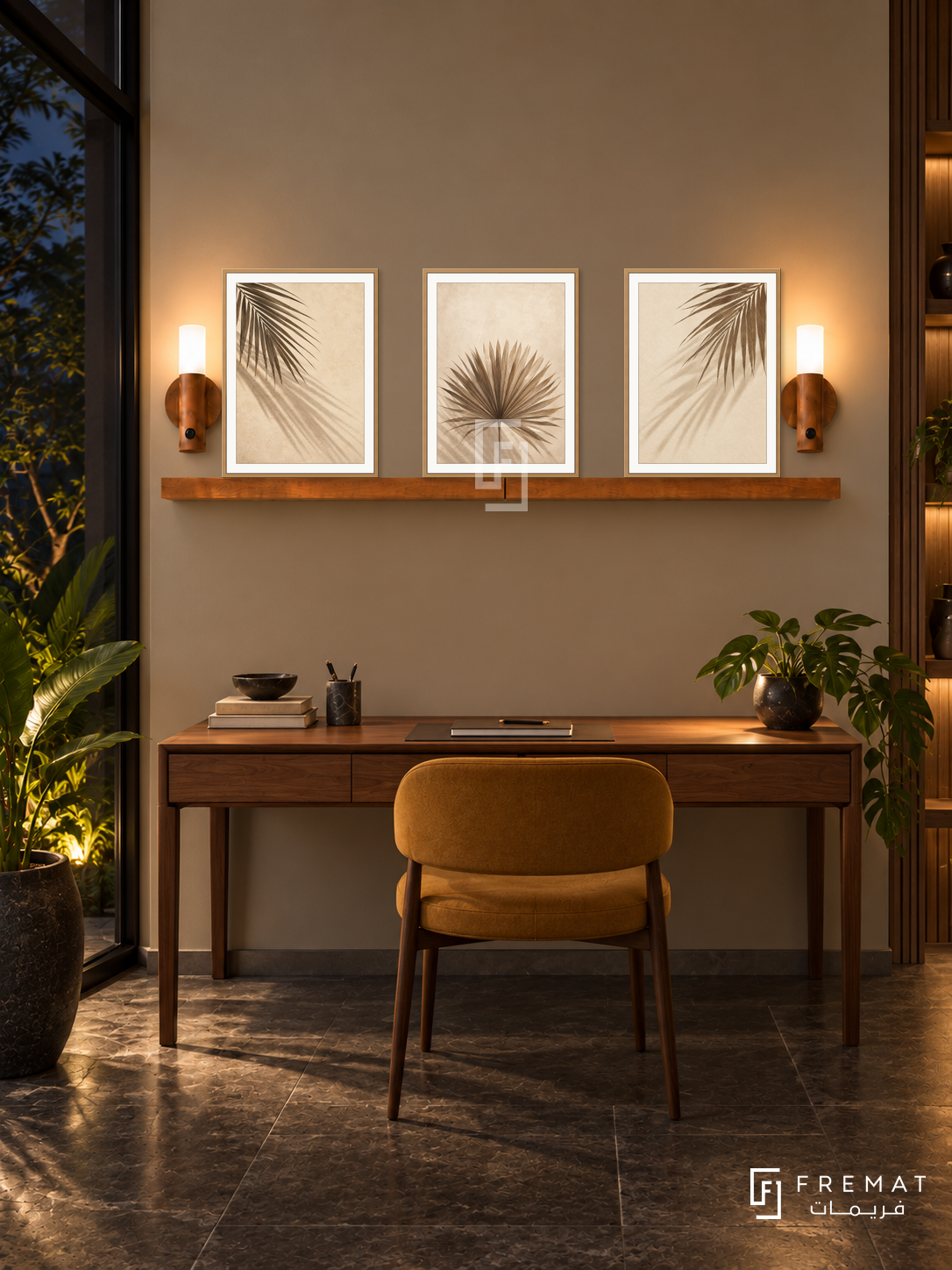 FREMAT Palm Shadow Study shelf set with three 30 x 40 cm wooden texture frames, 2 cm white borders, honey wood shelf and two warm sensor lamps. Night modern tropical study, soft khaki wall, walnut writing desk with ochre upholstered chair beneath shelf, dark stone floor, large dark garden window left.